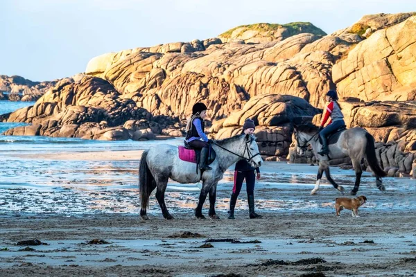 Burtonport, County Donegal, Ιρλανδία - 18 Δεκεμβρίου 2021: Η οικογένεια του θαλάμου ιππεύει τα άλογά της στην παραλία — Φωτογραφία Αρχείου