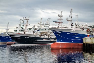 Killybegs, İrlanda - 13 Ekim 2021: Limana demirlemiş balıkçı gemileri