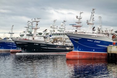 Killybegs, İrlanda - 13 Ekim 2021: Limana demirlemiş balıkçı gemileri