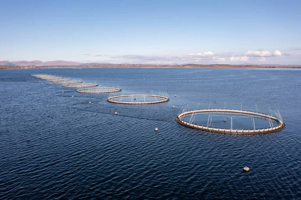 Donegal, İrlanda 'daki balık çiftliğinin havadan görünüşü