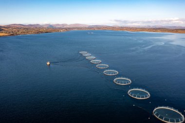 Donegal, İrlanda 'daki balık çiftliğinin havadan görünüşü