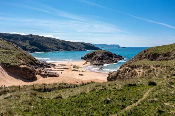 Aerial view of the Murder Hole beach, officially called Boyeghether Bay in County Donegal, Ireland.