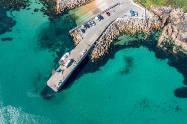 Aerial view of the pier Leabgarrow on Arranmore Island in County Donegal, Republic of Ireland.