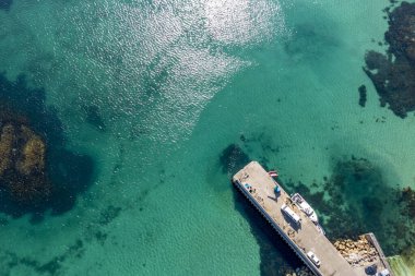 Aerial view of the pier Leabgarrow on Arranmore Island in County Donegal, Republic of Ireland.