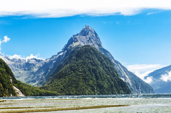 Słynny Szczyt Mitre Wznoszący Się Pożaru Milford Sound Podczas Odpływu — Zdjęcie stockowe