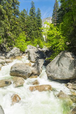 Yosemite Ulusal Parkı 'nda turkuaz suyu ve çok sayıda kaya bulunan Wild Merced nehri. Kaliforniya, ABD