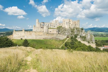Trencin yakınlarındaki bir uçurumun kenarındaki Ortaçağ şatosu Beckov 'un kalıntıları. Kuzey Slovakya