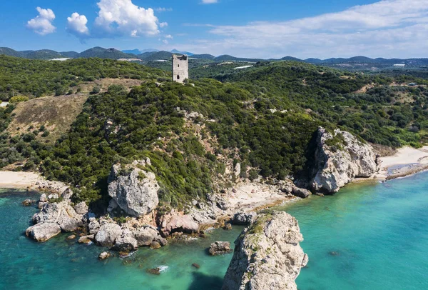 Antiguas Ruinas Torre Apolonia Época Bizantina Hermosa Costa Grecia Bañada —  Fotos de Stock