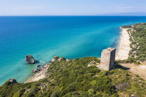 Antiguas Ruinas Torre Apolonia Época Bizantina Hermosa Costa Grecia Bañada —  Fotos de Stock