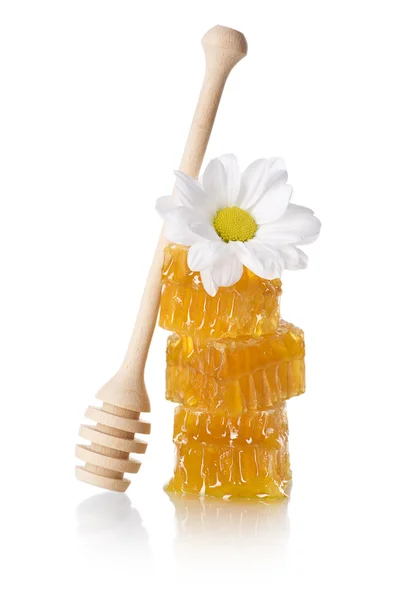 Honeycomb slice with honey dipper — Stock Photo, Image