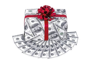 kırmızı kurdele ve yığın dolar para hediye kutusu
