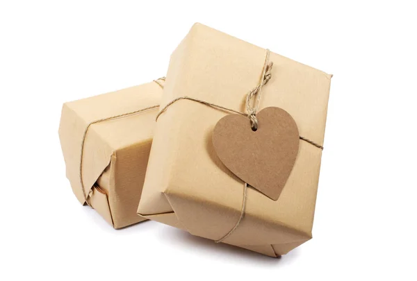 Gift Boxes Blank Heart Shaped Label Isolated Whit — Stock Photo, Image