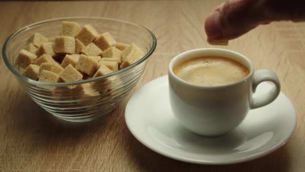 Person Hand Adding Sugar Stirring Coffee Espresso Spoon — Vídeo de stock