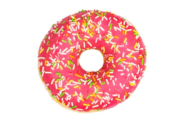 粉红色的甜甜圈装饰着五颜六色的洒水 与白色隔离 — 图库照片
