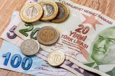 Turkish Lira banknotes and coins on wooden table