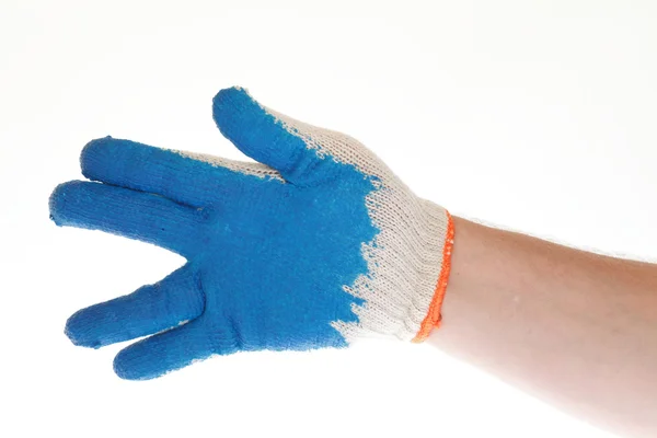 Mano de hombre en guante azul aislado sobre fondo blanco —  Fotos de Stock