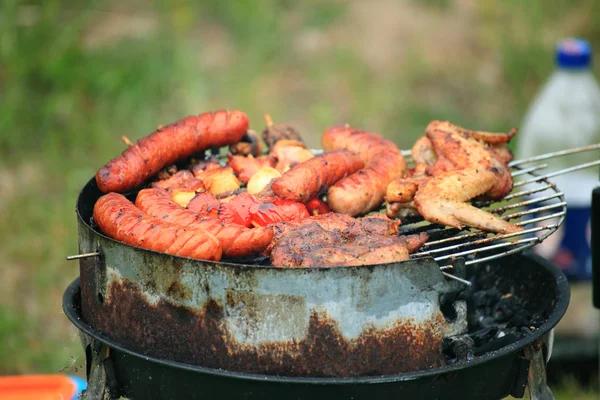 Hoguera fogata fuego llamas asar carne barbacoa —  Fotos de Stock