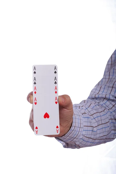 Man and playing cards in hand isolated — Stock Photo, Image