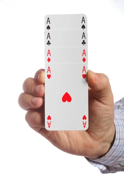 Man and playing cards in hand isolated — Stock Photo, Image