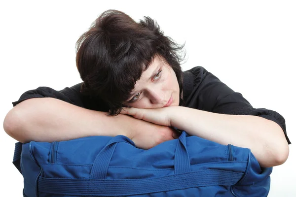 Woman tired and shoulder bag isolated — Stock Photo, Image