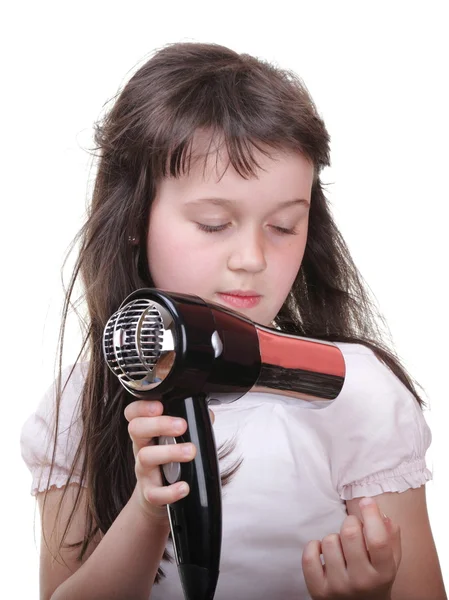 Little girl posing with hair dryer — Stock Photo, Image