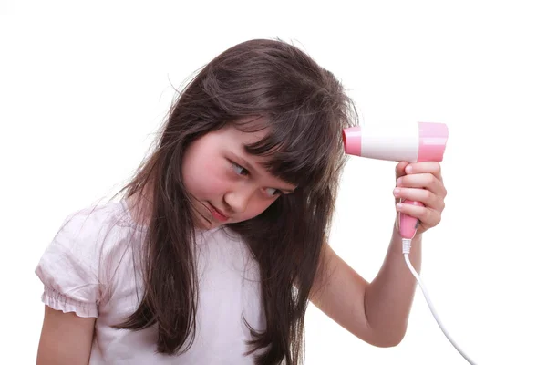 Child girl drying hair — Stock Photo, Image