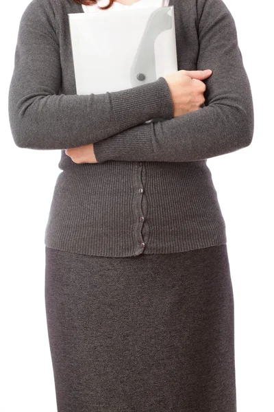Businesswoman in grey with folder, isolated on white — Stock Photo, Image