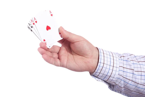 Muž a hrací karty v ruce — Stock fotografie