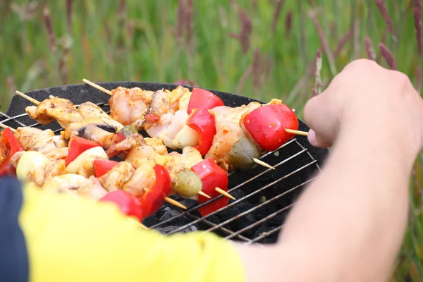 Şenlik ateşi kamp ateşi yangın alevleri Steak Barbekü Izgara — Stok fotoğraf