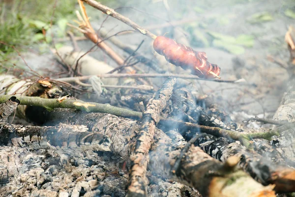 Bonfire lägereld eld lågor grilla biff på bbq — Stockfoto