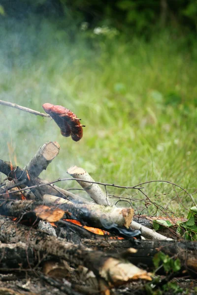 Fogata hoguera fogata llamas asar filete en la barbacoa —  Fotos de Stock