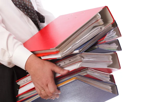 Man met stack van mappen - geïsoleerd — Stockfoto