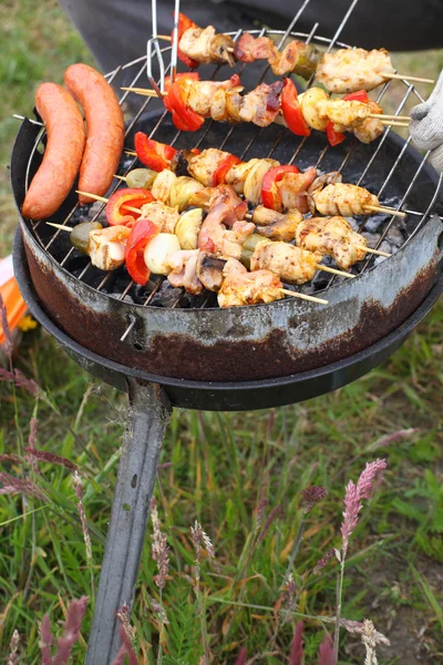 Hoguera fogata fuego llamas asar carne barbacoa — Foto de Stock