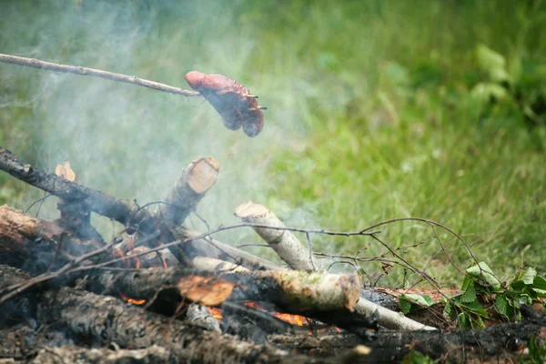 Fogata hoguera fogata llamas asar filete en la barbacoa —  Fotos de Stock