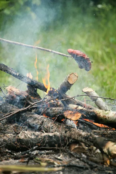 Oheň táboráku palbu plameny grilování steak na bbq — Stock fotografie