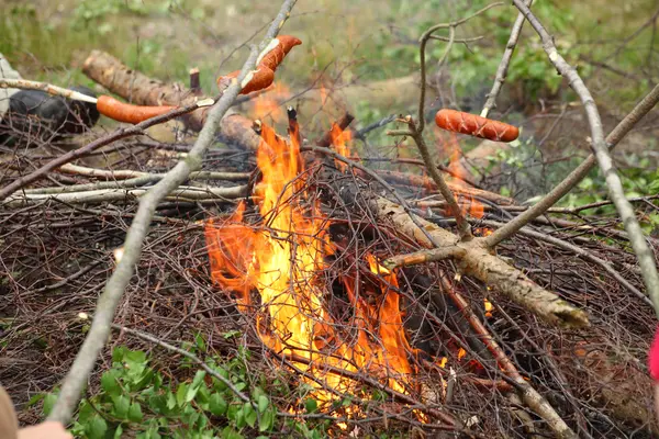 Ognisko ognisku ogień płomienie grillowania Stek bbq — Zdjęcie stockowe