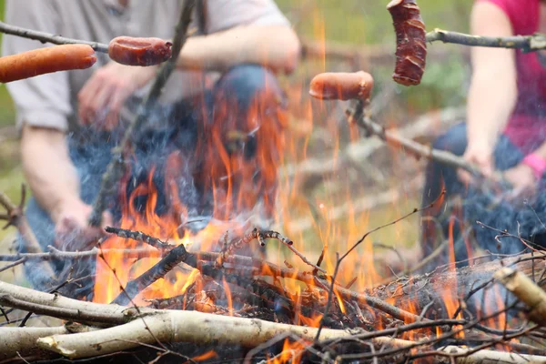 Bonfire campfire fire Flames grilling steak BBQ — Stock Photo, Image