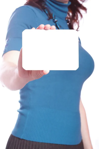 Blank of business card in woman hand — Stock Photo, Image