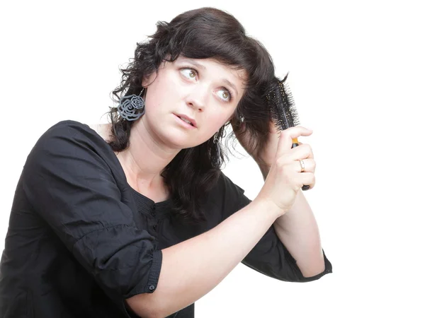 Haarborstel vrouw geïsoleerd — Stockfoto