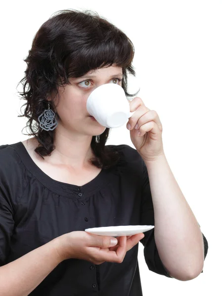 Woman holding a cup, isolated — Stock Photo, Image