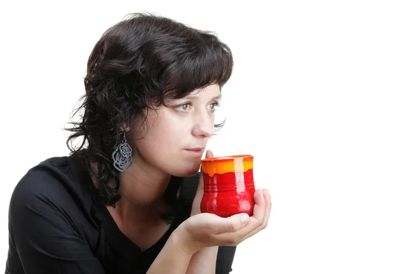 Woman with red cup — Stock Photo, Image