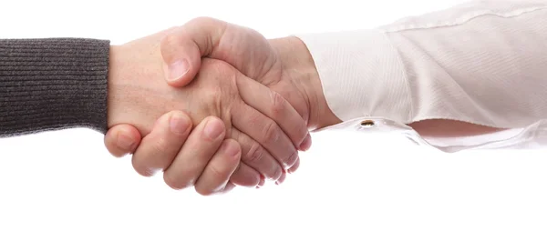 握手的商业伙伴，男子和妇女。隔离 — 图库照片
