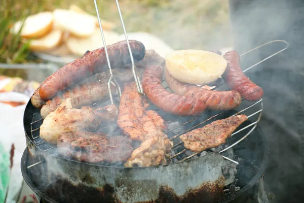 Máglya tábortűz tűz, lángok, grillezés steak a grill — Stock Fotó