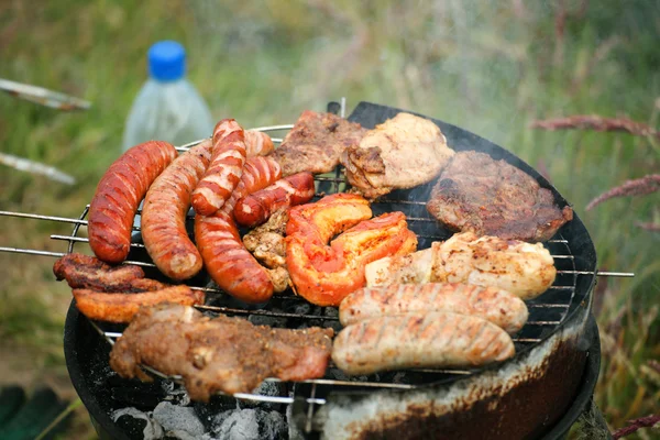 Fogata hoguera fogata llamas asar filete en la barbacoa — Foto de Stock