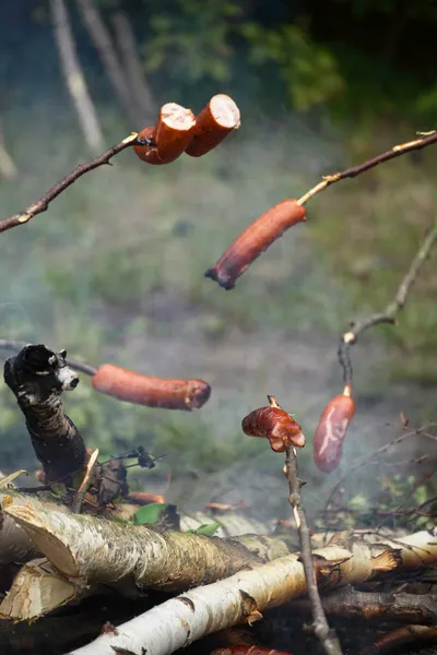 Bonfire campfire fire Flames grilling steak BBQ — Stock Photo, Image