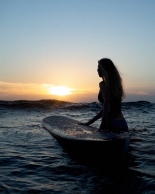Gün batımında sörf tahtası olan güzel bir kız. yüksek kaliteli fotoğraf