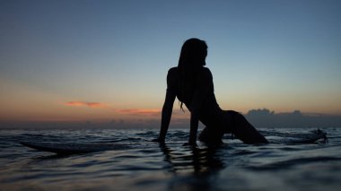 Gün batımında sörf tahtası olan güzel bir kız. yüksek kaliteli fotoğraf