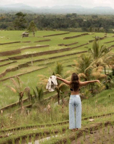 Κορίτσι που ποζάρει στο φόντο του ρυζιού teresa Φωτογραφία Αρχείου