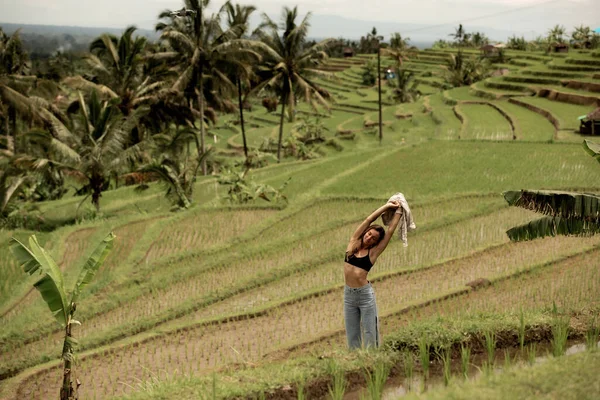 Κορίτσι που ποζάρει στο φόντο του ρυζιού teresa Εικόνα Αρχείου