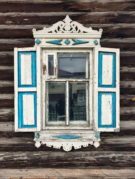 Carved Platbands Old Wooden Windows — Stock Photo, Image